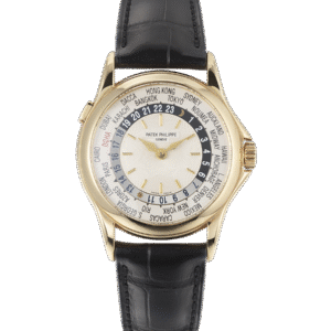Patek Philippe introduced a World Time wristwatch in the 1930s with the reference 1415. These early World Time wristwatches featured the names of international cities engraved on the bezel. The reference 5110 is a modern version of its legendary predecessors. It features a central guilloche dial and outer ring with the international city names giving it a dynamic and modern look. Limited editions of 5110s have been made for Bogata, Singapore, Munster, Taipei and Doha such as the present example. Moscow is replaced by Doha and highlighted in red on the outer ring. It is believed that only a very small production was ordered by the State of Qatar as state gift which makes it a true collector’s piece.