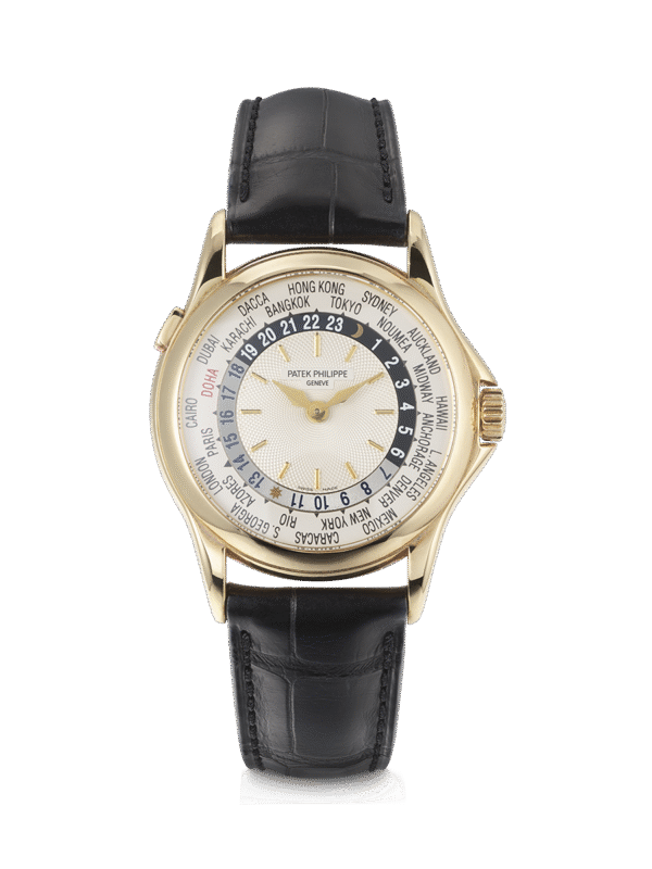 Patek Philippe introduced a World Time wristwatch in the 1930s with the reference 1415. These early World Time wristwatches featured the names of international cities engraved on the bezel. The reference 5110 is a modern version of its legendary predecessors. It features a central guilloche dial and outer ring with the international city names giving it a dynamic and modern look. Limited editions of 5110s have been made for Bogata, Singapore, Munster, Taipei and Doha such as the present example. Moscow is replaced by Doha and highlighted in red on the outer ring. It is believed that only a very small production was ordered by the State of Qatar as state gift which makes it a true collector’s piece.